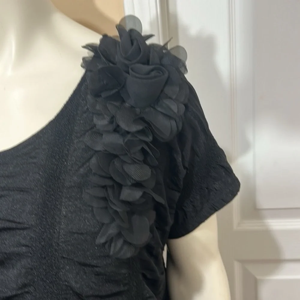 BLACK RUCHED TUNIC MINI DRESS WITH POCKETS ELEGANT CHIC - Picture 6 of 7